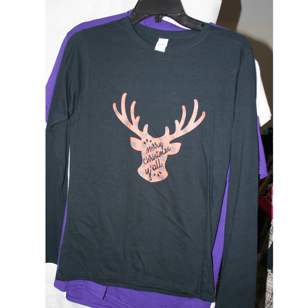 Gildan Softstyle Black Merry Christmas Y'all Reindeer Plaid Long Sleeve Tee M